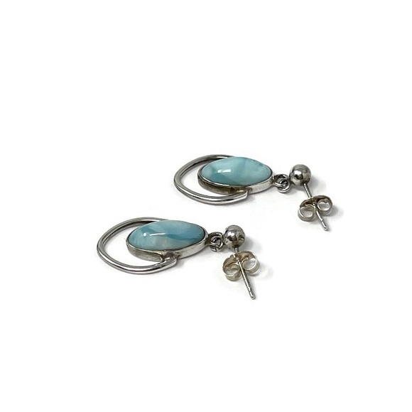 Vintage Small Sterling Silver Larimar Teardrop Dangle Earrings - Picture 3 of 4